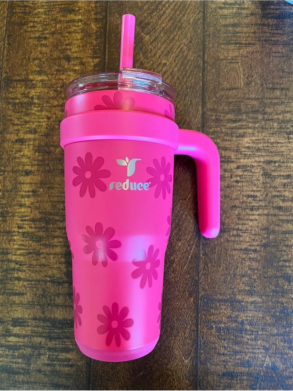 Pink Floral REDUCE Tumbler with Handle and Straw NEW